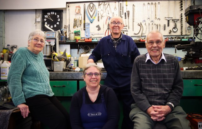 Graces Article - Carol Woodstock, Jackie Woodstock, Paul Flitney and Peter Flitney in the Workshop