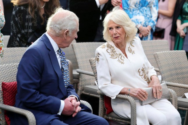 Britain's King Charles III, left, and Queen Camilla, right, attend The Elephant Family Evening of Art and Conservation at Kew Gardens in London, England, May 13, 2025. (Chris Jackson/Pool Photo via AP)