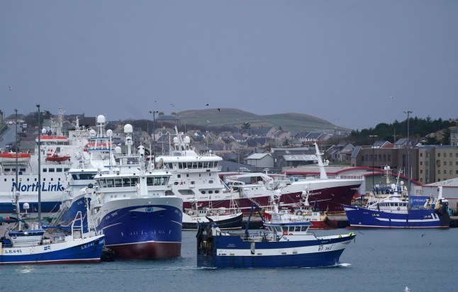 Fishing vessels in Lerwick, Scotland, moored in the harbour.