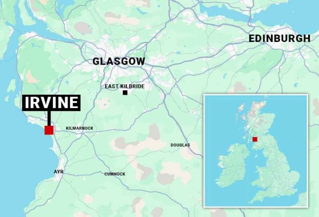 A map showing where a 16-year-old boy was stabbed on a beach in Irvine, Scotland.