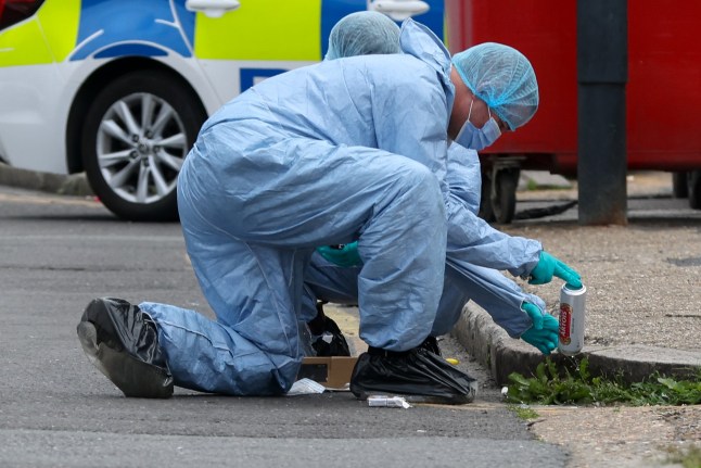 ? Licensed to London News Pictures. 18/05/2025. London, UK. A forensic officer gathers evidence within a crime scene on Kingsbury Road in northwest London following a fatal stabbing. Officers were called at 3:31 a.m. to reports of an altercation. A 26-year-old man was taken to hospital with a stab wound but was pronounced dead despite the efforts of medical staff. Photo credit: Dinendra Haria/LNP
