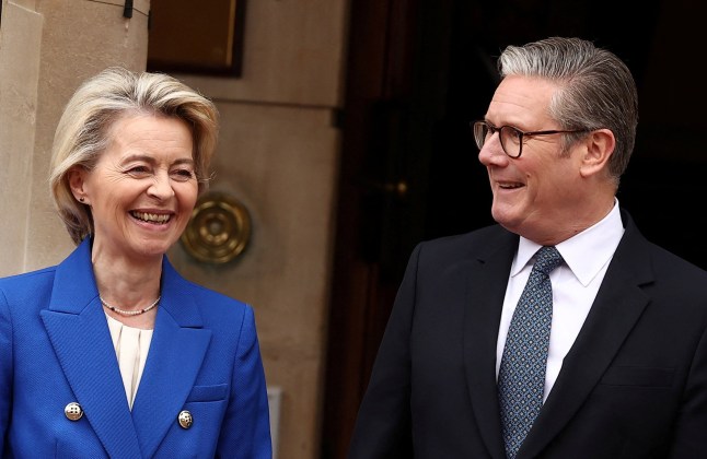 Britain's Prime Minister Keir Starmer poses with European Commission President Ursula von der Leyen and European Council President Antonio Costa as they arrive to attend the UK-EU Summit.