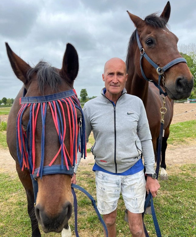 reference 14726935 Secret house. The pics show Jeremy Zielinski, 73, and wife Elaine, 79, at their ?1 million home in Great Abington, Cambridgeshire, which they have been ordered to tear down as they didn?t have permission to use the new build as a residence. The horses in the pics are Sandy (with red and blue ribbons over eyes) and Slick. supplied via Andrew Levy