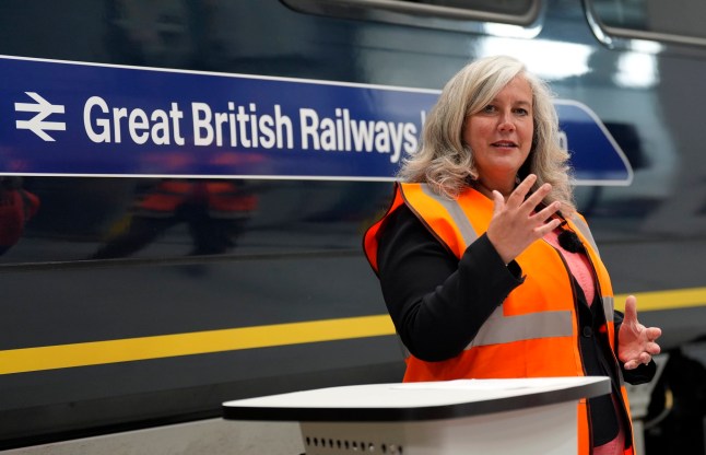 EMBARGOED TO 0001 SUNDAY MAY 25 Transport Secretary Heidi Alexander makes a speech in front of a train carriage with Great British Railways branding, during a visit to the South Western Railway (SWR) Bournemouth Traincare Depot, in Dorset, ahead of the rail operator being the first to be renationalised under the Labour government's Passenger Railway Services (Public Ownership) Act 2024. Picture date: Thursday May 22, 2025. PA Photo. The government plans for renationalisation include the creation of Great British Railways, a public sector body which will manage rail infrastructure and train operation. See PA story RAIL Renationalisation. Photo credit should read: Andrew Matthews/PA Wire