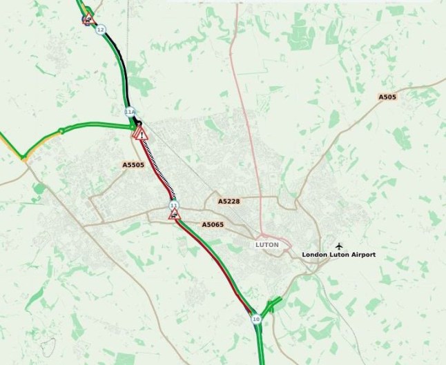 A traffic map showing where the M1 is closed in Bedfordshire.