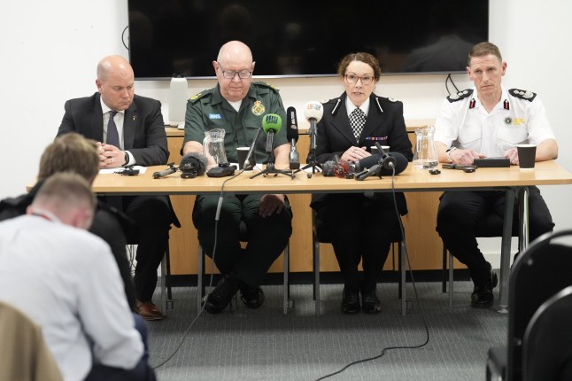 (left to right) Leader of Liverpool City Council Liam Robinson, North West Ambulance Service's Dave Kitchin, Merseyside Police's Assistant Chief Constable Jenny Sims and Nick Searle, chief fire officer for Merseyside Fire and Rescue Service, during a press conference at the Cunard Building in Liverpool, after a 53-year-old white British man was arrested when a car ploughed into a crowd of people during Liverpool FC's Premier League victory parade. Picture date: Monday May 26, 2025. PA Photo. See PA story POLICE Liverpool. Photo credit should read: Danny Lawson/PA Wire