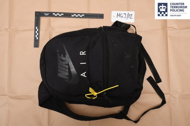 IMAGES IN THE CASE OF ISLE OF WIGHT TERRORIST PLOT credit CTPSE/Gardham with copy The knife found on arrest of the teenager found guilty of plotting an attack on the Isle of Wight festival and planning to attack his teacher. The rucksack which contained the knife, with stab marks Handwritten note by the teenager threatening an attack