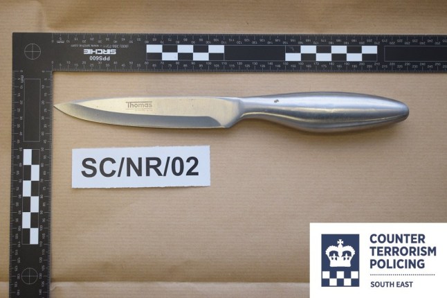 IMAGES IN THE CASE OF ISLE OF WIGHT TERRORIST PLOT credit CTPSE/Gardham with copy The knife found on arrest of the teenager found guilty of plotting an attack on the Isle of Wight festival and planning to attack his teacher. The rucksack which contained the knife, with stab marks Handwritten note by the teenager threatening an attack