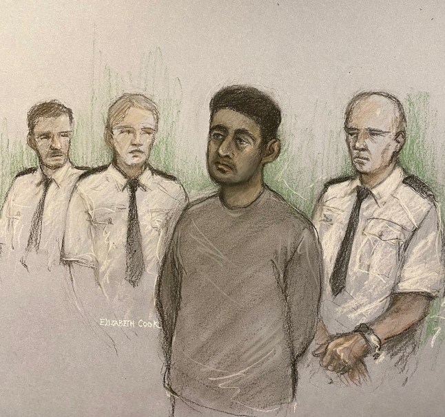 Court artist drawing by Elizabeth Cook of Habibur Masum appearing in the dock at Bradford Magistrates' Court, West Yorkshire, charged with the murder of Kulsuma Akter, who was stabbed to death as she pushed her baby in a pram in a city centre on Saturday. Picture date: Thursday April 11, 2024. PA Photo. See PA story COURTS Bradford. Photo credit should read: Elizabeth Cook/PA Wire