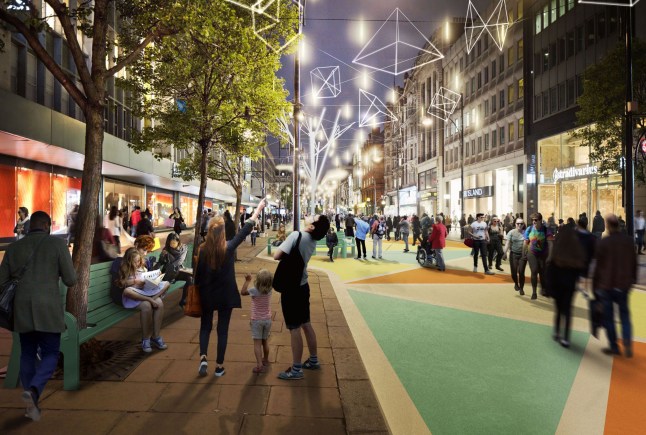 A CGI visual showing what London Oxford Street could look like after pedestrianisation.