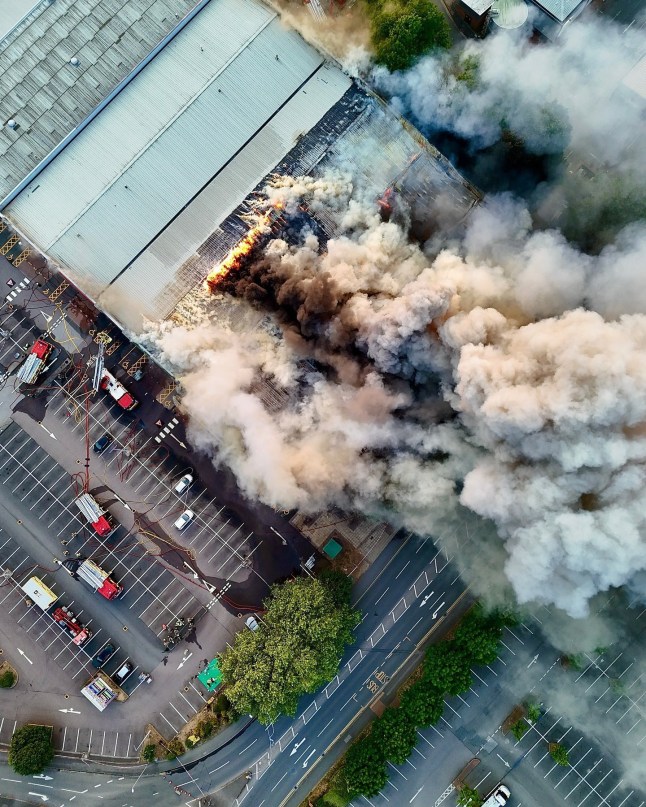 The fire at Dunelm in Northampton seen from above.