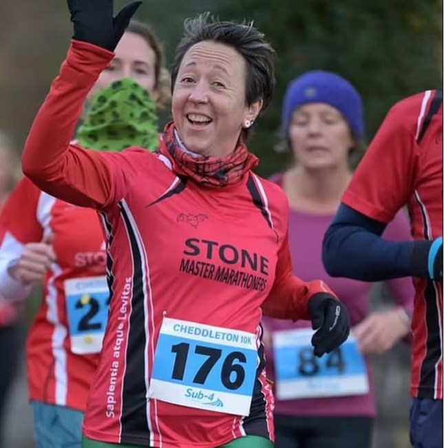 Sara Morris in her Stone Master Marathoners shirt running the Cheddleton 10k Instagram/Stone Master Marathoners