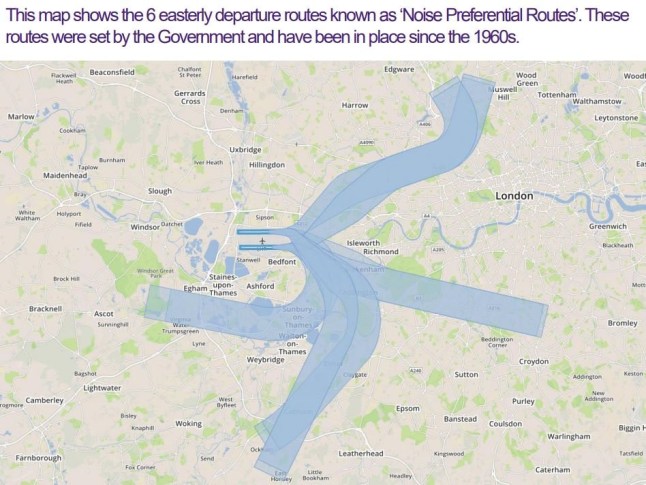 A map showing Heathrow Airport six easterly departure routes known as noise preferential routes.
