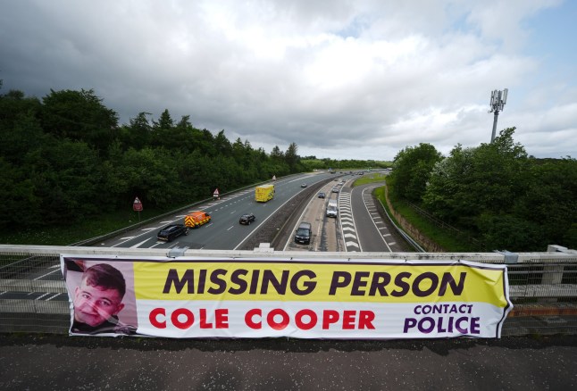 A missing sign in Banknock for 19-year-old Cole Cooper who was last seen by his family on May 2 or 3 and was captured on CCTV at about 6am on May 4 in Longcroft, Falkirk, when he tried to access his father's house unsuccessfully. Picture date: Tuesday June 3, 2025. PA Photo. Photo credit should read: Andrew Milligan/PA Wire