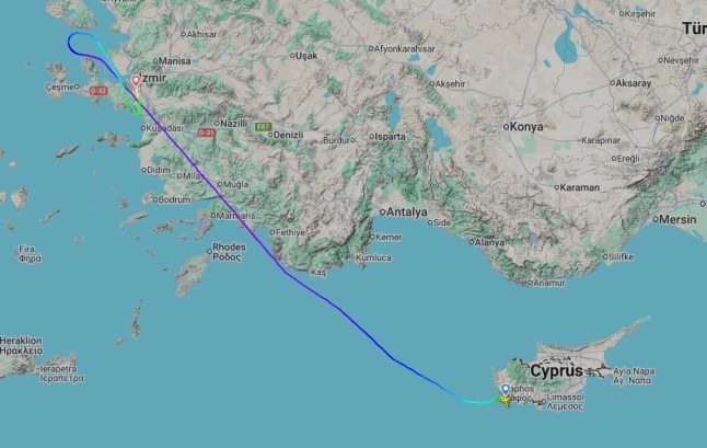 Flightradar24 flightpath of the EasyJet plane forced to make an emergency landing from Cyprus to Bristol.