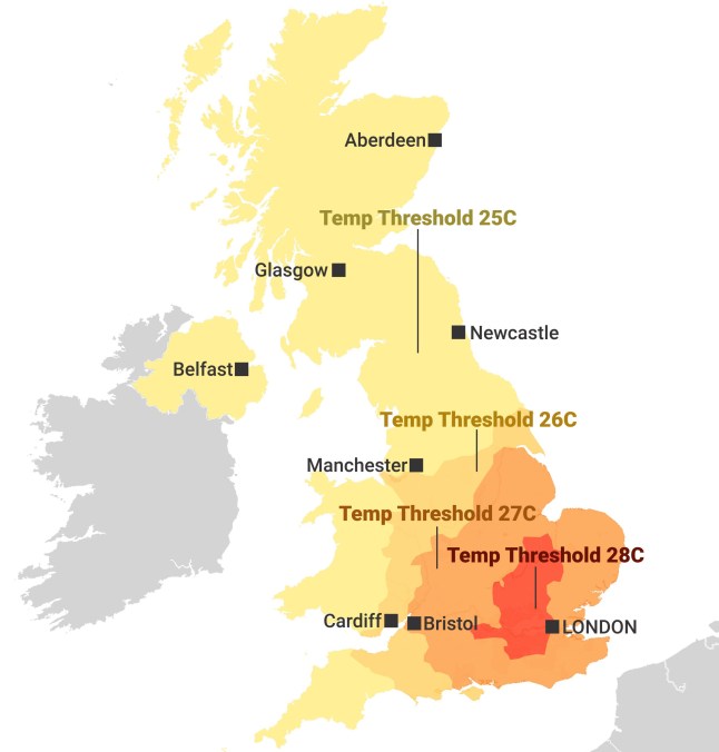 A graphic showing hot how it has to be in different areas of the UK, for three consecutive days, to count as a heatwave. In London, this is 28 degrees Celsius. In cities such as Bristol, Cardiff and Manchester the thresholds are 27, 26 and 25 degrees Celsius, respectively.