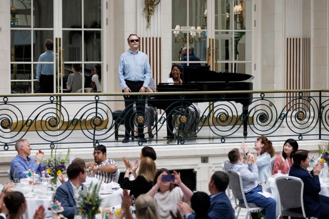 Lunch reception to mark the 10th year anniversary of the partnership between Hilton and Aurora Foxes held at the Waldorf Hilton hotel this afternoon. Pictured: Derek Paravicini, pianist. Image shot on 16th June 2025. ?? Belinda Jiao jiao.bilin@gmail.com 07598931257 https://www.belindajiao.com/about