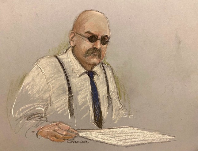 File photo dated 06/03/23 of court artist sketch by Elizabeth Cook of notorious inmate Charles Bronson, appearing via video link from HMP Woodhill, during his public parole hearing at the Royal Courts Of Justice, London. Mr Bronson has lost a Parole Board bid to be freed from jail. The decision comes after one of the UK's longest-serving prisoners - who changed his surname to Salvador in 2014 - took part in one of the country's first public parole hearings earlier this month. Issue date: Thursday March 30, 2023. PA Photo. See PA story PRISONS Bronson. Photo credit should read: Elizabeth Cook/PA Wire