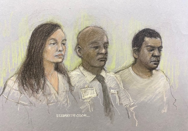 Court artist sketch by Elizabeth Cook of Constance Marten (left) and Mark Gordon (right), seated with a dock officer, in the dock at the Old Bailey, central London, where they are appearing on charges of gross negligence manslaughter, concealing the birth of a child and perverting the course of justice. The remains of Marten and Gordon's baby daughter were discovered wrapped in a plastic bag under some nappies in an allotment shed in Brighton, East Sussex, earlier this month after police attempted to establish their whereabouts over the course of several weeks. Picture date: Friday March 31, 2023. PA Photo. See PA story COURTS Bolton. Photo credit should read: Elizabeth Cook/PA Wire