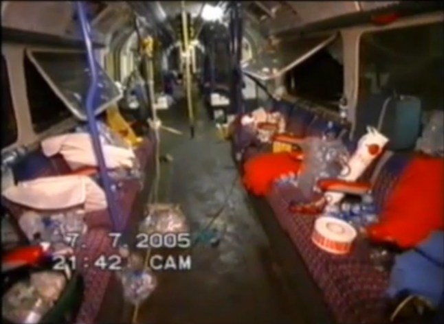 Mandatory Credit: Photo by Gavin Rodgers/REX/Shutterstock (1232196c) Devastation inside the Underground Tube train at Russell Square CCTV screen grabs of the aftermath of the 7/7 terror bombings on public transport, London, Britain - 07 Jul 2005 CCTV footage was released of the aftermath of the 7/7 terrorist bomb attacks on the London Underground and a London bus for the Coroner's Inquest at the High Court on 12th October 2010. The inquest looked into the deaths of the 52 victims of the London Bombings of July 7th 2005 and released footage to the media and public showing the scene at King's Cross station bombing where 26 died. The heavily edited footage was recorded after the bodies were taken away and inside the train shows the bomb damage to the neighbouring carriage where the suicide bomber struck. It shows victims' scattered personal belongings and medical equipment used to help the injured. Footage from the carriage where the bomb was detonated was considered too distressing to show.