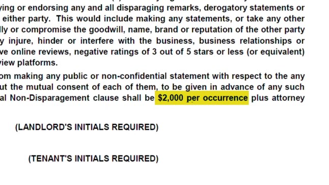 A screenshot of a contract detailing how people must not leave negative reviews or face a fine