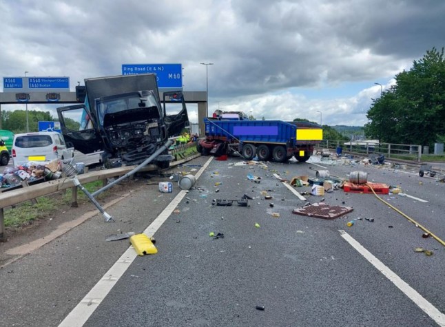 A MAJOR motorway has been shut after a crash involving eight vehicles left beer barrels strewn across the road. The M60 in Greater Manchester has been closed in both directions following the multi-vehicle crash involving four lorries and four cars.