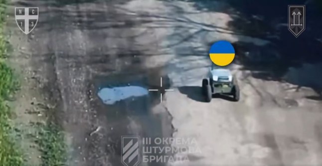 Ukrainian forces use ground robots to seize enemy position.
