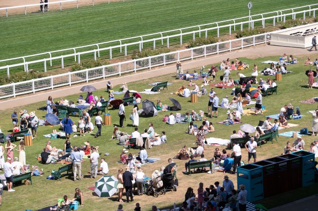 Mandatory Credit: Photo by Maureen McLean/Shutterstock (15396398al) The stark contrast between the watered racetrack at Ascot Racecourse and the Heath at Ascot as the heatwave continues Seasonal Weather, Heatwave, Ascot Racecourse, Ascot, Berkshire, UK - 12 Jul 2025