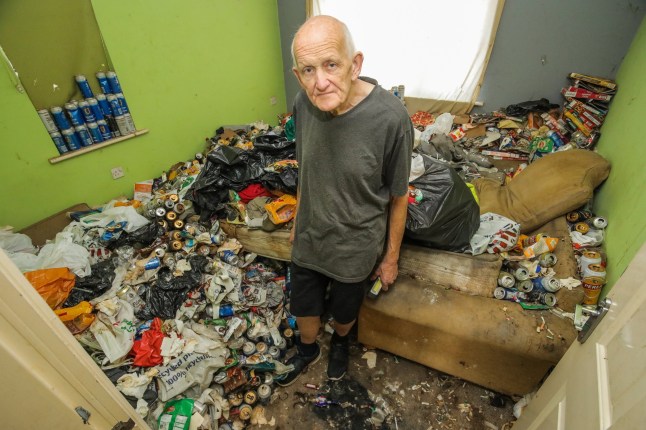 ONLINE EMBARGO 14.00 BST, 14/07/25 Chris Considine in his flat in Nuneaton, Warwickshire on July 9 2025. Two landlords cleaning their property were left disgusted to find a nightmare tenant left over 3,000 beer cans full of urine and bags of human faeces dumped in their flat after only paying one week's rent.Sandra Considine, 58, and her husband Chris, 70, decided to rent out the two-bedroom flat to a friend in need for just ??30-a-week in 2018.But the couple from Nuneaton, Warwickshire, claim the unnamed tenant went silent just weeks into the lease before he blocked access to the property for seven years. The landlords shared a shocking video showing the squalid state of the flat they bought for their daughter after regaining access just last month. Photo released 14/07/2025