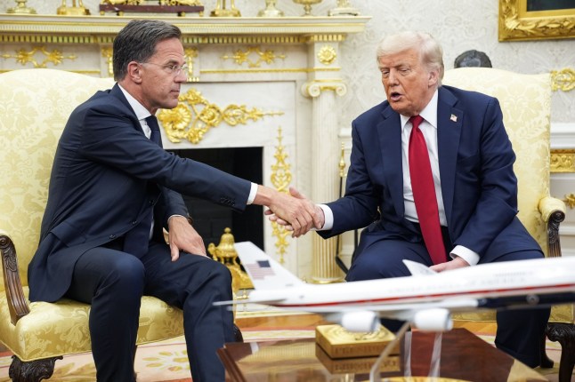 Mandatory Credit: Photo by Shutterstock (15398701a) NATO Secretary General Mark Rutte shakes hands with US President Donald Trump during a meeting in the Oval Office of the White House in Washington. US President Donald Trump meets with NATO Secretary General Mark Rutte - Washington, Washington, District of Columbia, USA - 14 Jul 2025