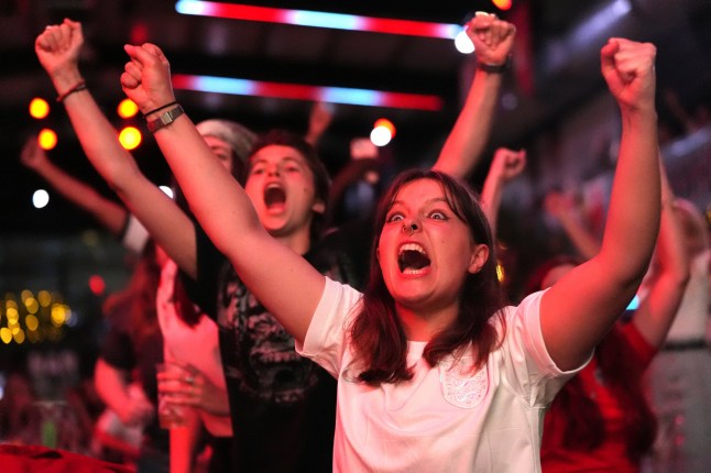 England fans celebrate at BOXPark Wembley as they watch a penalty shoot out during a screening of the UEFA Women's Euro 2025 quarter-final match at the Stadion Letzigrund in Zurich, Switzerland. Picture date: Thursday July 17, 2025. PA Photo. Photo credit should read: Jonathan Brady/PA Wire. RESTRICTIONS: Use subject to restrictions. Editorial use only, no commercial use without prior consent from rights holder.