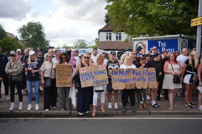 Protesters outside the Bell Hotel in Epping, Essex. There have been a number of demonstrations outside the hotel, believed to be housing asylum seekers, since police charged 38-year-old asylum seeker Hadush Gerberslasie Kebatu with sexual assault following an incident where he is alleged to have attempted to kiss a 14-year-old girl. Picture date: Sunday July 20, 2025. PA Photo. Photo credit should read: Yui Mok/PA Wire