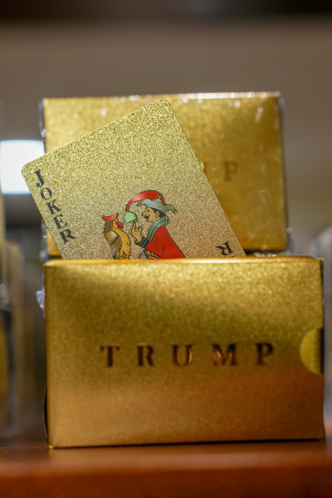TURNBERRY, SCOTLAND - JULY 28: Trump branded playing cards are seen for sale at the recently opened Trump merchandise store at Trump Turnberry golf course on July 28, 2025 in Turnberry, Scotland. U.S. President Donald Trump is visiting his Trump Turnberry golf course, as well as Trump International Golf Links in Aberdeenshire, during a brief visit to Scotland from July 25 to 29. (Photo by Christopher Furlong/Getty Images)
