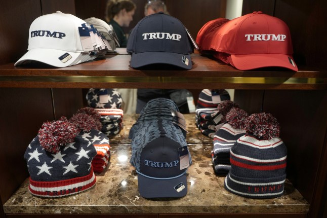 TURNBERRY, SCOTLAND - JULY 28: Trump branded hats are seen for sale at the recently opened Trump merchandise store at Trump Turnberry golf course on July 28, 2025 in Turnberry, Scotland. U.S. President Donald Trump is visiting his Trump Turnberry golf course, as well as Trump International Golf Links in Aberdeenshire, during a brief visit to Scotland from July 25 to 29. (Photo by Christopher Furlong/Getty Images)