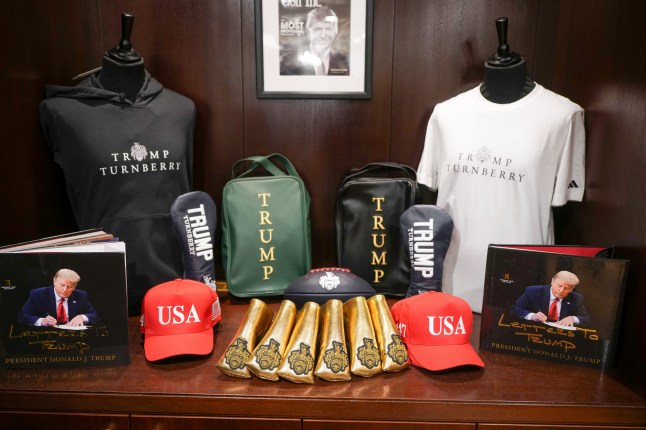 TURNBERRY, SCOTLAND - JULY 28: Trump branded items are seen for sale at the recently opened Trump merchandise store at Trump Turnberry golf course on July 28, 2025 in Turnberry, Scotland. U.S. President Donald Trump is visiting his Trump Turnberry golf course, as well as Trump International Golf Links in Aberdeenshire, during a brief visit to Scotland from July 25 to 29. (Photo by Christopher Furlong/Getty Images)