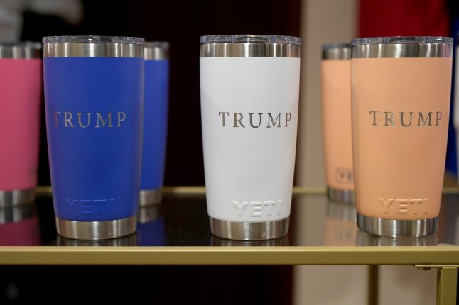 TURNBERRY, SCOTLAND - JULY 28: Trump branded drinking tumblers are seen for sale at the recently opened Trump merchandise store at Trump Turnberry golf course on July 28, 2025 in Turnberry, Scotland. U.S. President Donald Trump is visiting his Trump Turnberry golf course, as well as Trump International Golf Links in Aberdeenshire, during a brief visit to Scotland from July 25 to 29. (Photo by Christopher Furlong/Getty Images)