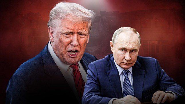 Donald Trump is seen speaking on the left, while Putin is seen looking serious at a table on the right. The pair are against as a red background