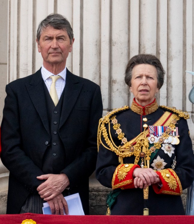 LONDON, ENGLAND - JUNE 02: Timothy Laurence and Princess Anne, Princess Royal during Trooping the Colour on June 2, 2022 in London, England. Trooping The Colour, also known as The Queen's Birthday Parade, is a military ceremony performed by regiments of the British Army that has taken place since the mid-17th century. It marks the official birthday of the British Sovereign. This year, from June 2 to June 5, 2022, there is the added celebration of the Platinum Jubilee of Elizabeth II in the UK and Commonwealth to mark the 70th anniversary of her accession to the throne on 6 February 1952. (Photo by Mark Cuthbert/UK Press via Getty Images)