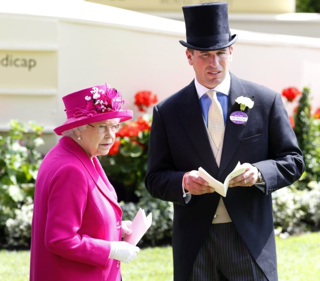 ASCOT, UNITED KINGDOM - JUNE 20: (EMBARGOED FOR PUBLICATION IN UK NEWSPAPERS UNTIL 48 HOURS AFTER CREATE DATE AND TIME) Queen Elizabeth II and her grandson Peter Phillips watch the horses in the parade ring on Day 4 of Royal Ascot at Ascot Racecourse on June 20, 2014 in Ascot, England. (Photo by Max Mumby/Indigo/Getty Images)