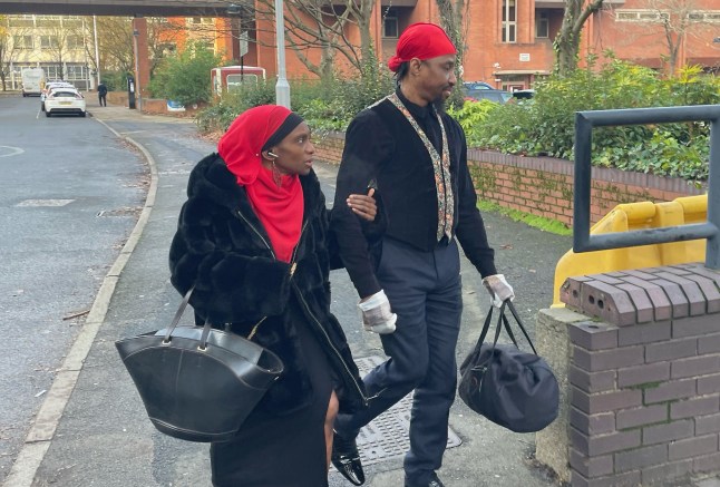 Naiyahmi (left) and Tai Yasharahyalah arriving at Coventry Crown Court, where they are on trial, wearing matching red headscarves.