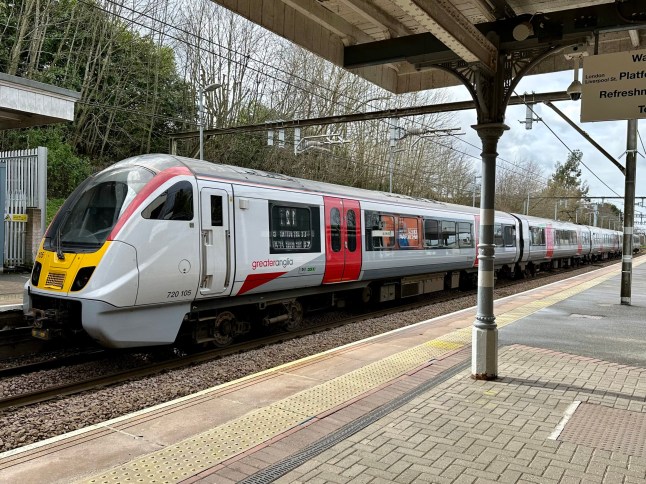 Billericay, UK - March 15, 2024: A Greater Anglia passenger train service pulling in to Billericay railway station, Essex, England.