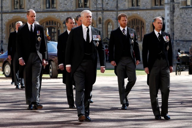 WINDSOR, ENGLAND - APRIL 17: Prince William, Duke of Cambridge, Prince Andrew, Duke of York, Prince Harry, Duke of Sussex and Prince Edward, Earl of Wessex during the funeral of Prince Philip, Duke of Edinburgh at Windsor Castle on April 17, 2021 in Windsor, England. Prince Philip of Greece and Denmark was born 10 June 1921, in Greece. He served in the British Royal Navy and fought in WWII. He married the then Princess Elizabeth on 20 November 1947 and was created Duke of Edinburgh, Earl of Merioneth, and Baron Greenwich by King VI. He served as Prince Consort to Queen Elizabeth II until his death on April 9 2021, months short of his 100th birthday. His funeral takes place today at Windsor Castle with only 30 guests invited due to Coronavirus pandemic restrictions. (Photo by Alastair Grant/WPA Pool/Getty Images)