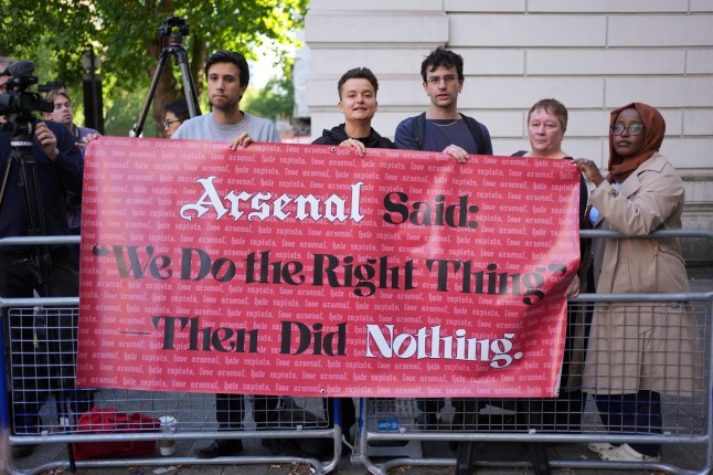 People from Arsenal Supporters Against Sexual Violence outside London's Westminster Magistrates' Court where former Arsenal footballer Thomas Partey is accused of rape. Partey, 32, of Hertfordshire, is accused of five counts of rape and one count of sexual assault against three women, with offences alleged to have taken place between 2021 and 2022. Picture date: Tuesday August 5, 2025. PA Photo. Photo credit should read: Yui Mok/PA Wire