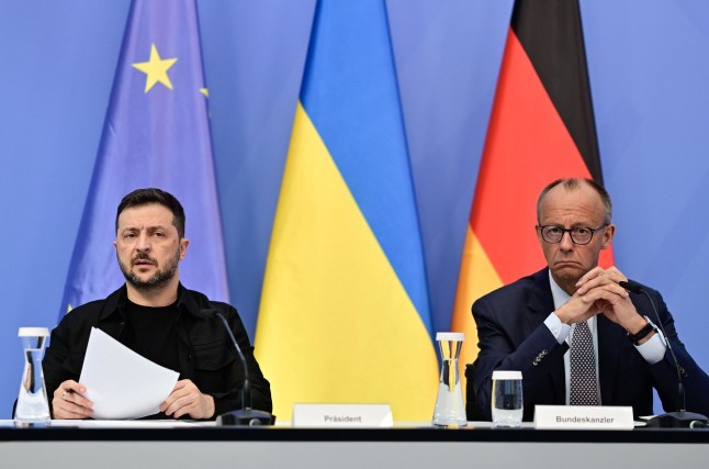 Mandatory Credit: Photo by Action Press/Shutterstock (15439834a) Ukrainian President Volodymyr Zelensky (L) and German Chancellor Friedrich Merz attend a talk of European leaders with the US President on the Ukraine war ahead of the summit between the US and Russian leaders, on August 13, 2025. European leaders will hold online talks with US President Donald Trump, hoping to convince him to respect Ukraine's interests when he discusses the war with Putin in Alaska on Friday. Virtual meeting between the European partners and President Trump: Federal Chancellor Merz and President Zelenskiy at a press conference in Berlin, Germany - 13 Aug 2025