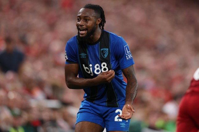 LIVERPOOL, ENGLAND - AUGUST 15: Antoine Semenyo of AFC Bournemouth during the Premier League match between Liverpool and Bournemouth at Anfield on August 15, 2025 in Liverpool, England. (Photo by Michael Steele/Getty Images)
