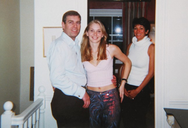Prince Andrew smiling as he stands with his left arm around the waist of a young Virginia Roberts (now Virginia Giuffre). It is alleged to have been taken in early 2001. Ghislaine Maxwell stands behind. 17 Nov 2019 Pictured: Prince Andrew, Virginia Roberts, Ghislaine Maxwell. Photo credit: Supplied by Capital Pictures / MEGA TheMegaAgency.com sales@mega.global (Mega Agency TagID: MEGA1290379_001.jpg) [Photo via Mega Agency]