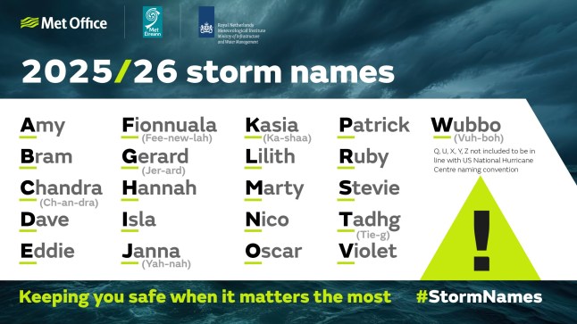 EMBARGOED TO 0001 MONDAY SEPTEMBER 1 Undated handout graphic issued by The Met Office of its list of 2025-2026 storm names. Amy, Bram and Chandra will be the first named storms of this winter, meteorologists revealed, after more than 50,000 suggestions were submitted by the public. Issue date: Monday September 1, 2025. PA Photo. The UK's Met Office, in partnership with Ireland's Met Eireann and the Dutch national weather forecasting service KNMI, has announced the list of this year's storm names, saying many people put forward suggestions in tribute to loved ones and even favourite pets. Photo credit should read: The Met Office/PA Wire NOTE TO EDITORS: This handout photo may only be used for editorial reporting purposes for the contemporaneous illustration of events, things or the people in the image or facts mentioned in the caption. Reuse of the picture may require further permission from the copyright holder.