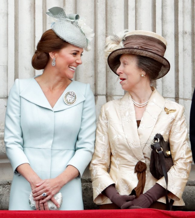 Catherine, Duchess of Cambridge and Princess Anne, Princess Royal watch a flypast to mark the centenary of the Royal Air Force from the balcony of Buckingham Palace on July 10, 2018 in London, England. The 100th birthday of the RAF, which was founded on on 1 April 1918, was marked with a centenary parade with the presentation of a new Queen's Colour and flypast of 100 aircraft over Buckingham Palace. (Photo by Max Mumby/Indigo/Getty Images)