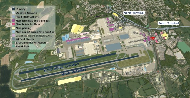 A map shows an aerial view with graphics details of Gatwick Airport.