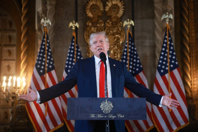 PALM BEACH, FLORIDA - AUGUST 08: Republican presidential candidate former President Donald Trump speaks during a press conference at his Mar-a-Lago estate on August 08, 2024, in Palm Beach, Florida. Polls currently show a close race between Trump and Democratic presidential candidate, U.S. Vice President Kamala Harris. (Photo by Joe Raedle/Getty Images)